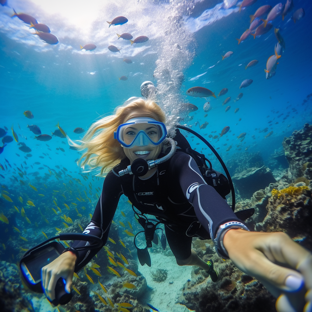 Woman takes selfie while scuba diving.