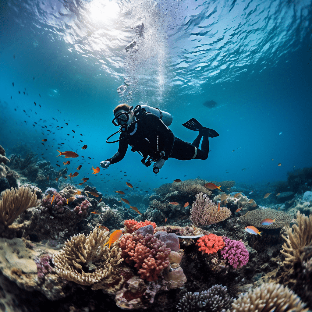 Scuba diver over a colorful reef.