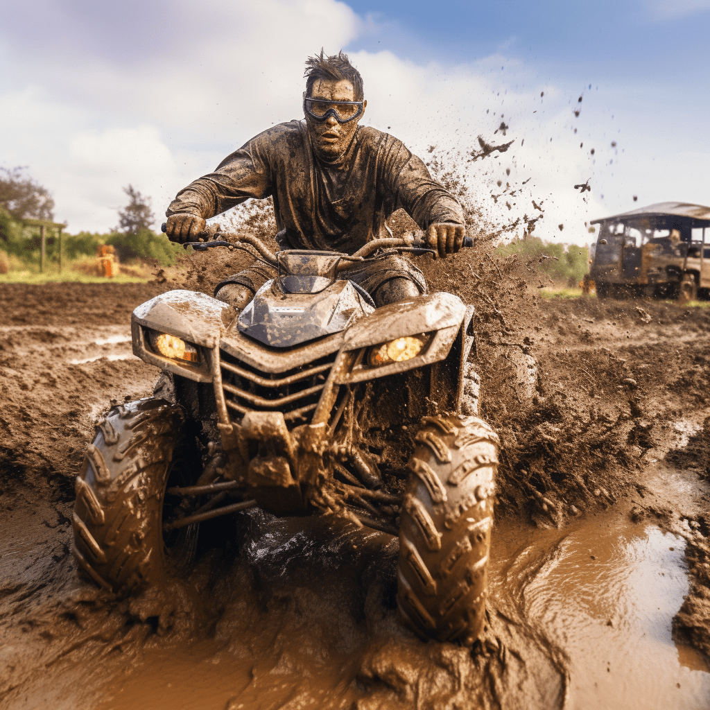Man on an ATV covered in mud.
