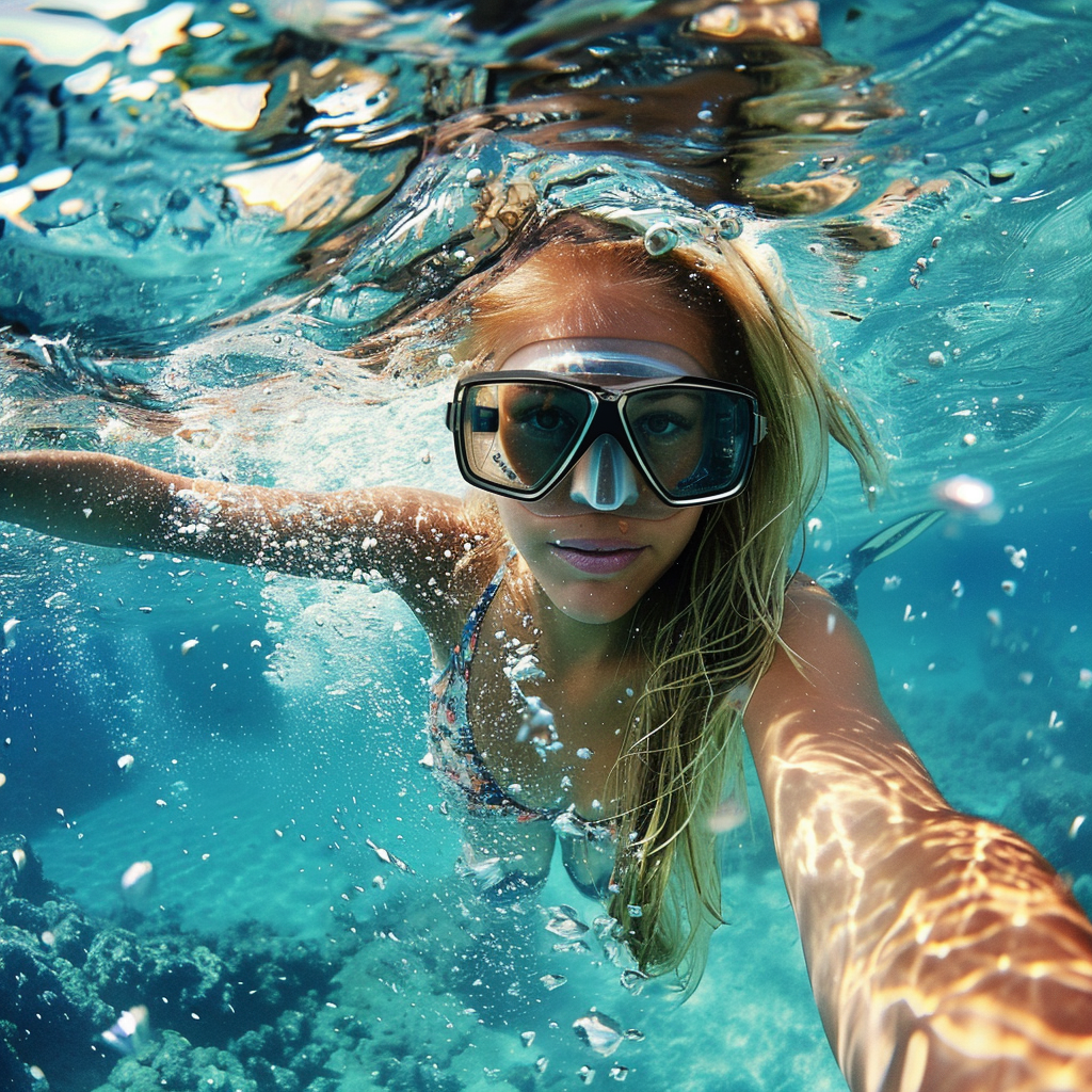 Woman takes a selfie while snorkeling.